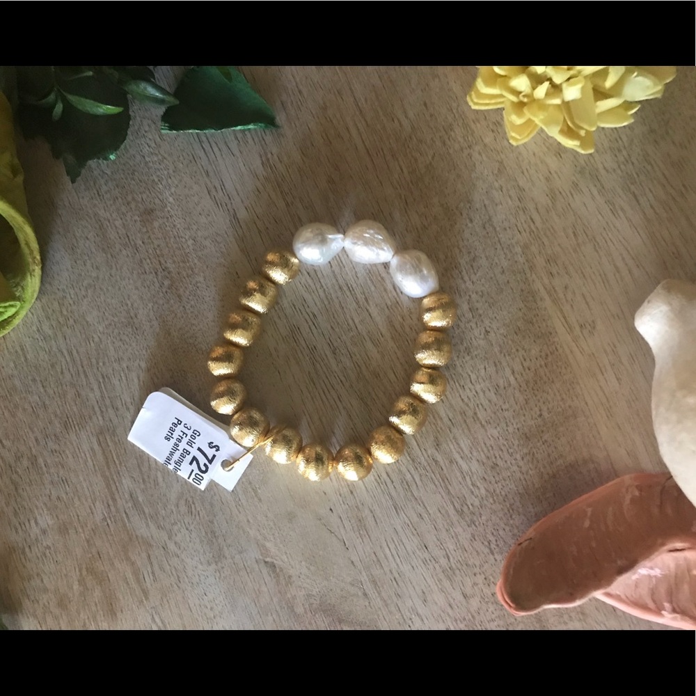 NWT Gold Bangle with 3 Freshwater Pearls